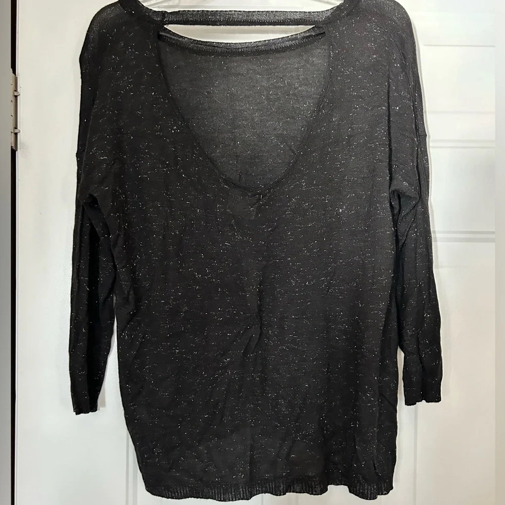 Mac & Jac Black Sparkle Sweater XL Deep V-Neck Back Lightweight Minimalist Glam